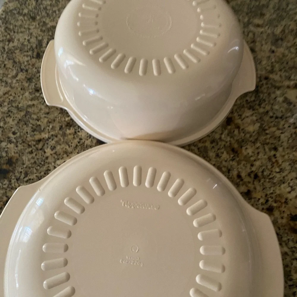 Vintage Tupperware 3pc Almond Microwave Stackable Cooker 1 3/4Qt and 3Qt Bowls